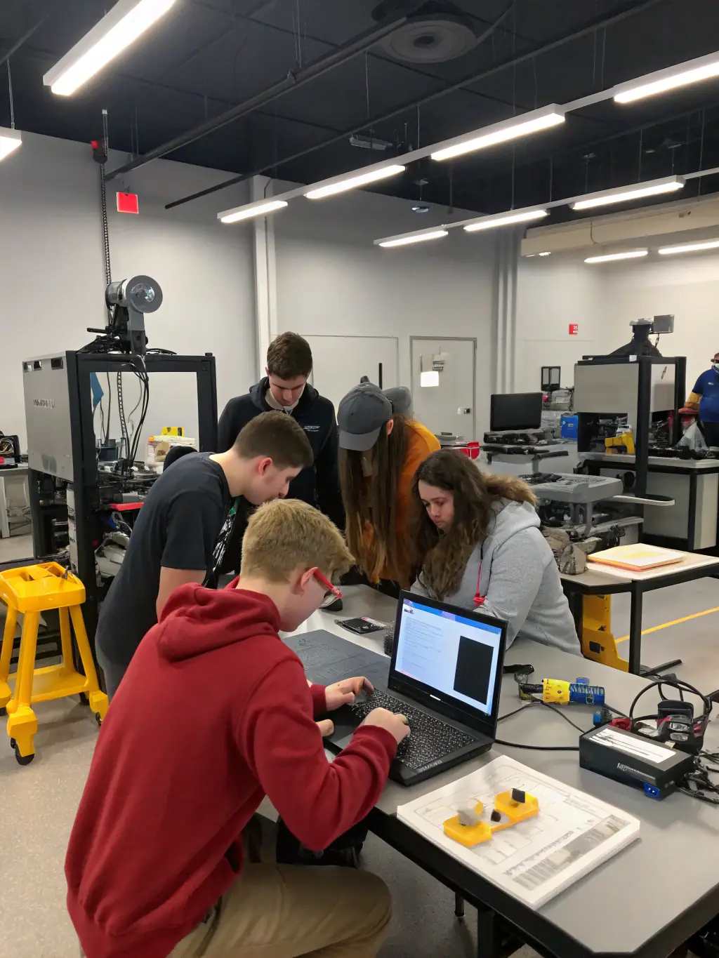 Teenagers working collaboratively on a creative project during a workshop at the AB Library, surrounded by art supplies and technology.