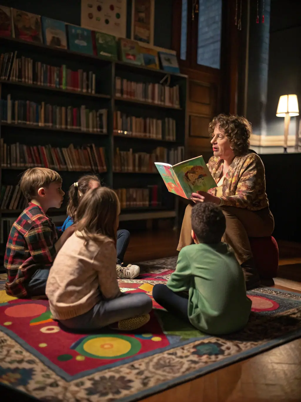 A group of children enthusiastically participating in a story time session at the AB Library, surrounded by colorful books and engaging props.