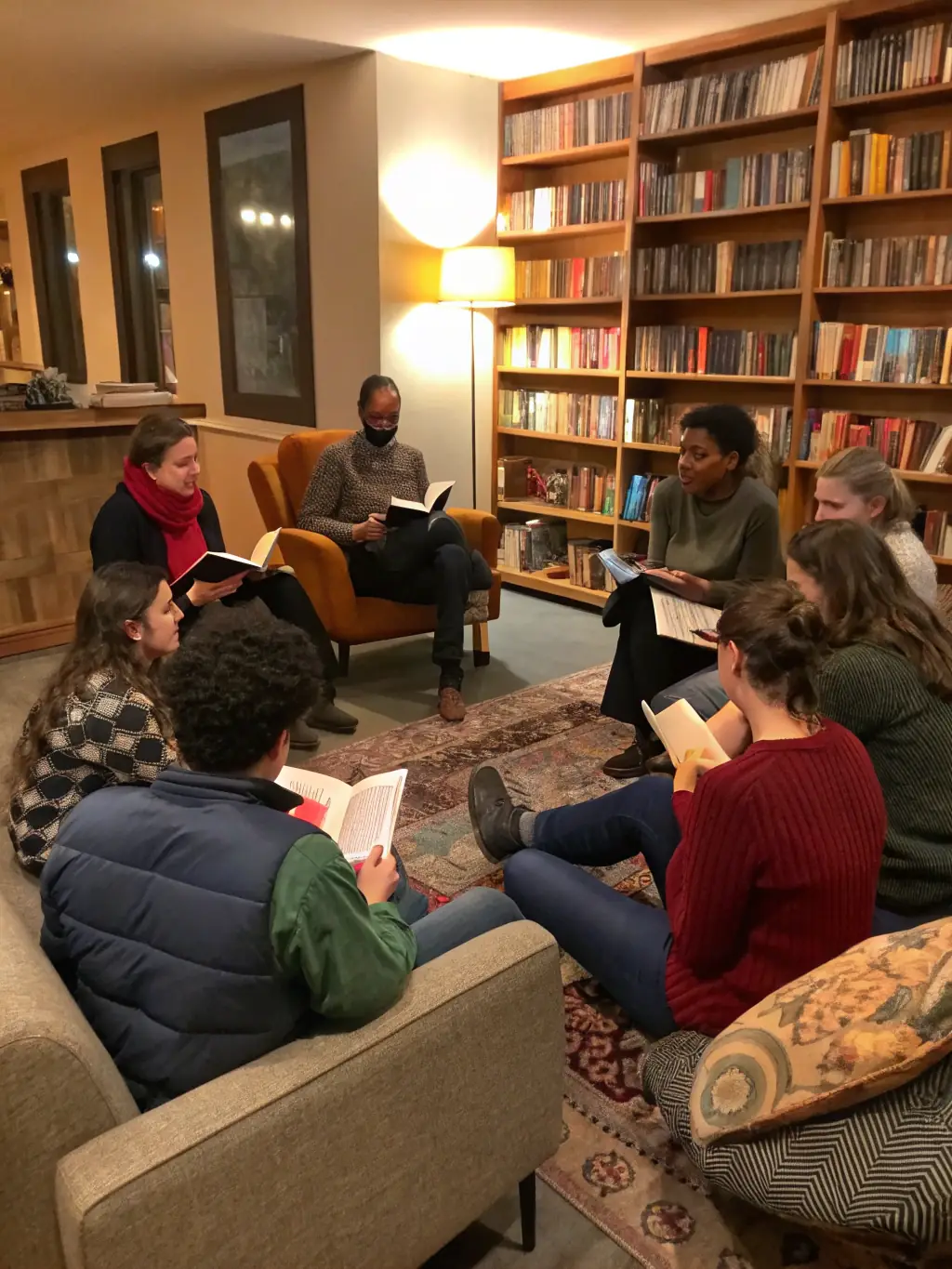 A diverse group of adults attending a book club meeting at the AB Library, discussing a novel with thoughtful expressions.